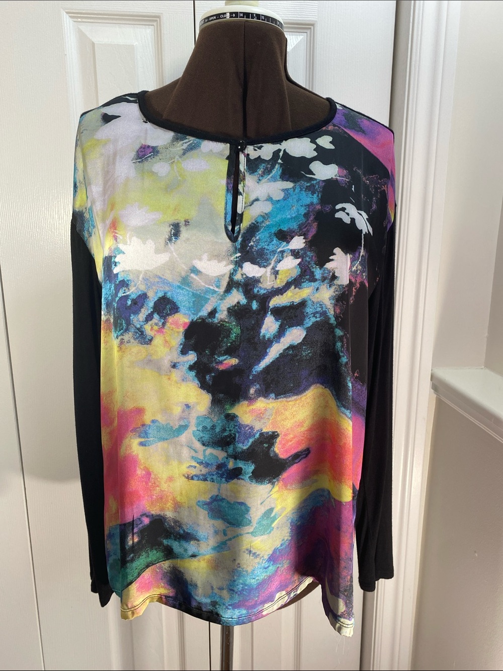 2 for $25 - Jessica Multicolour Abstract Print Long-Sleeve Top, Black Sleeves XL